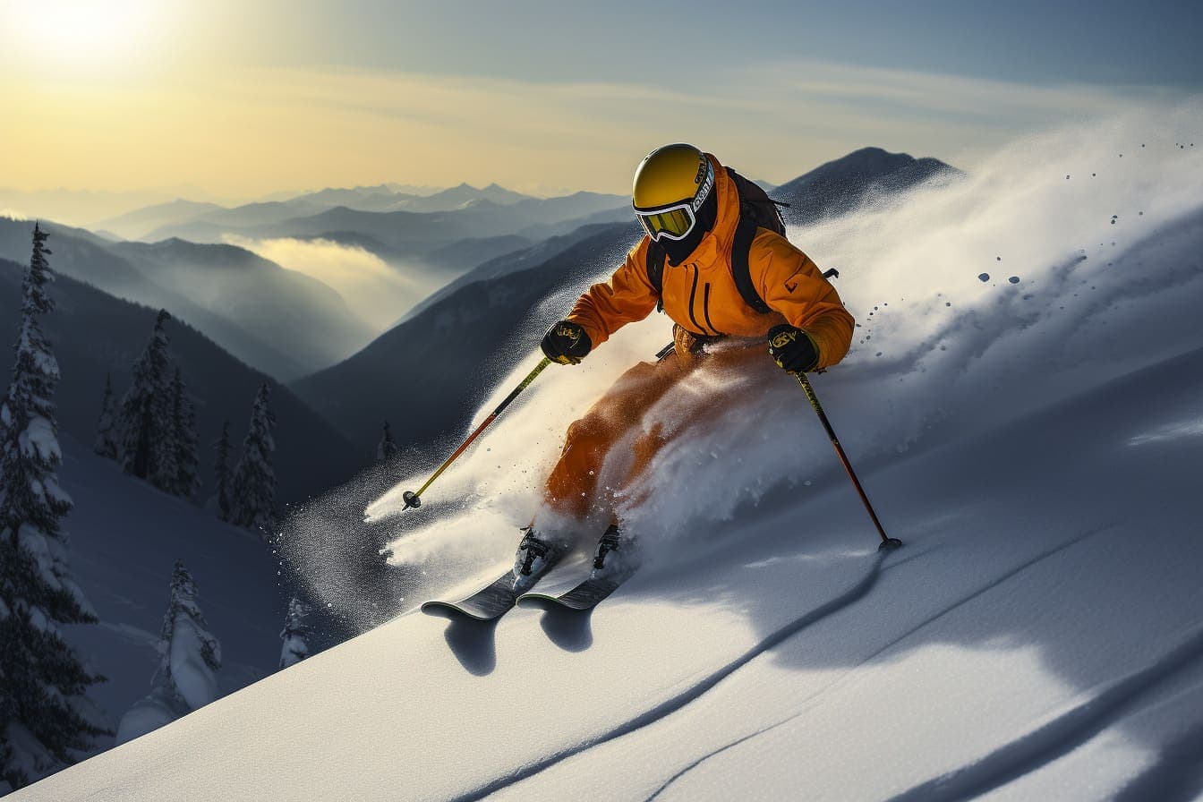 Skiing downhill in orange